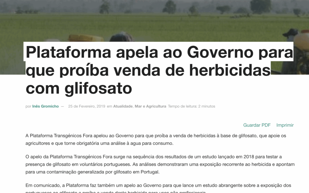 AMBIENTE MAGAZINE: Plataforma apela ao Governo para que proíba venda de herbicidas com glifosato